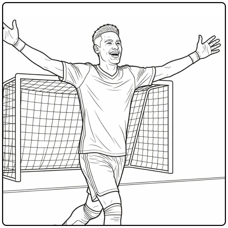 Neymar coloring page featuring a joyful arms-wide goal celebration