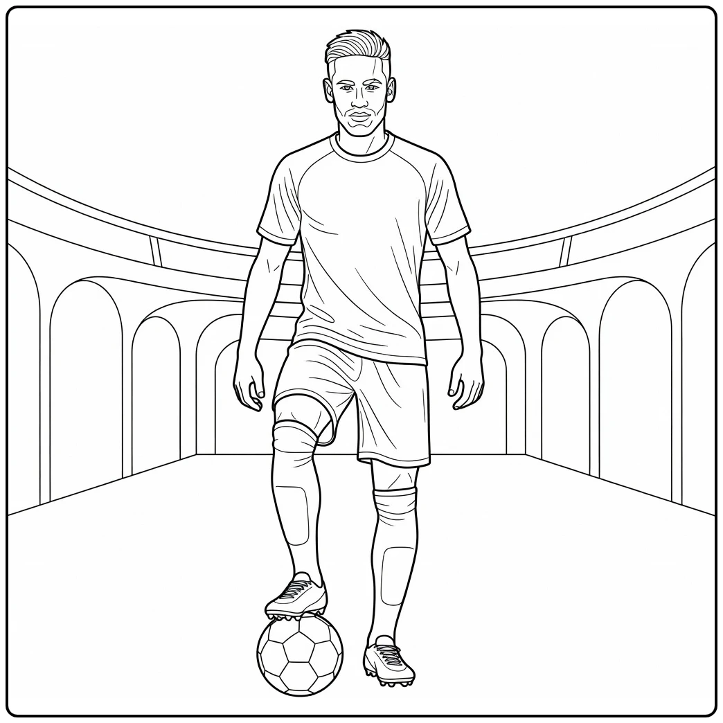 Neymar coloring page featuring a heroic pose with a soccer ball