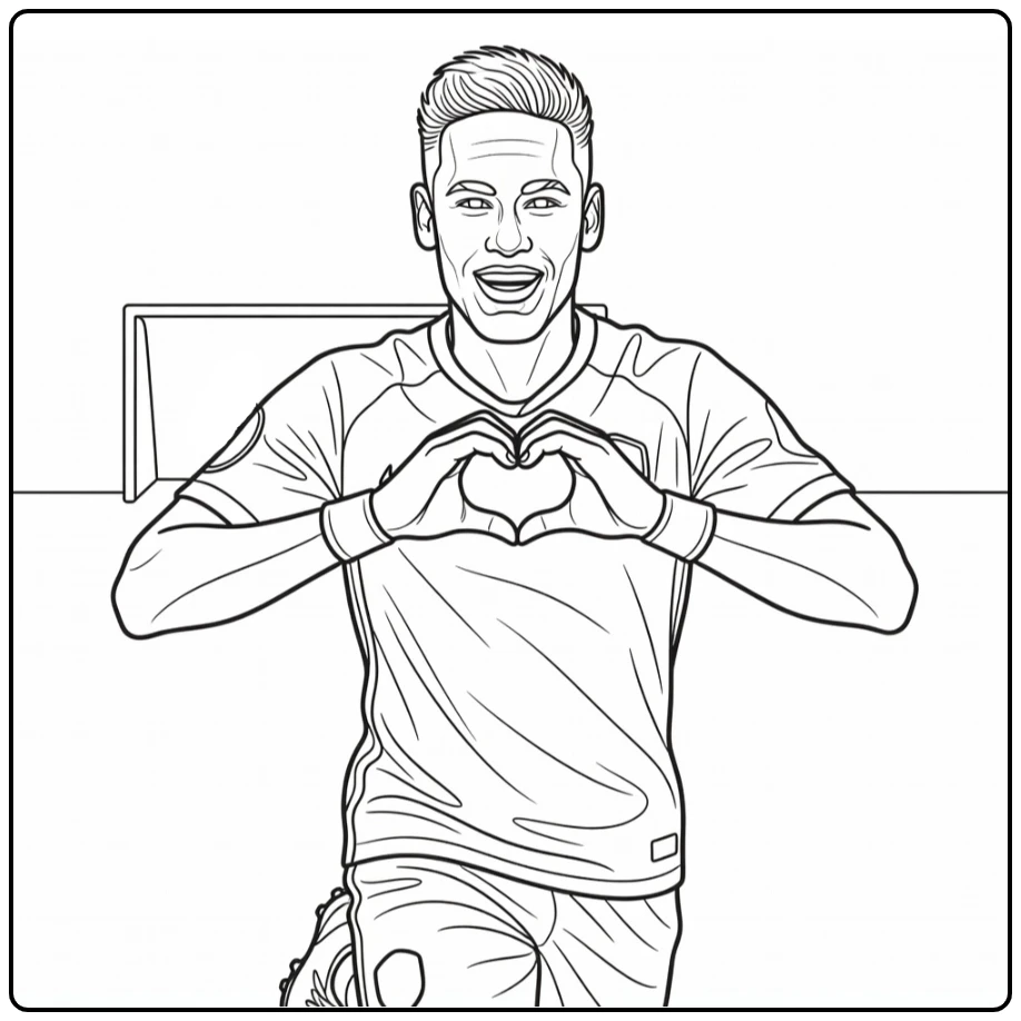 Celebration coloring page of Neymar making a heart gesture