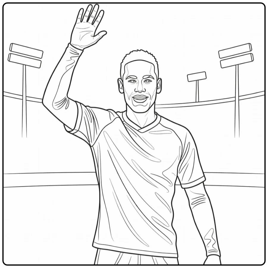 Friendly Neymar coloring page showing him waving after the match