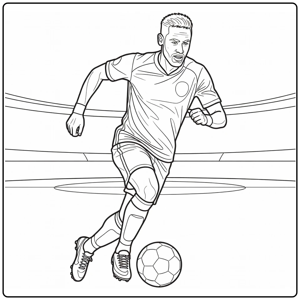 Neymar coloring page showing him sprinting across the field with the ball