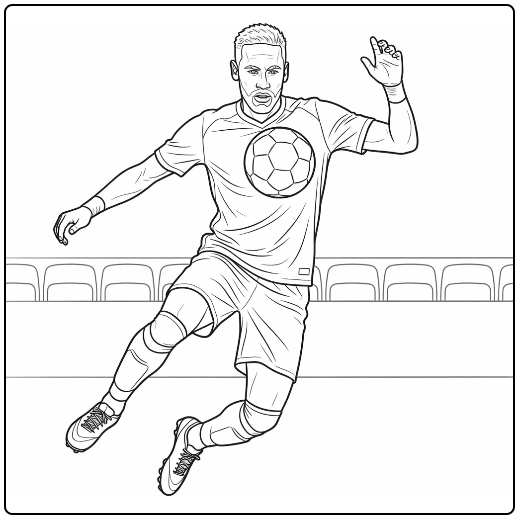 Neymar coloring page showing midair chest control of the ball