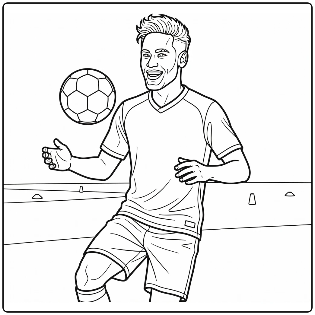 Neymar coloring page featuring him juggling a ball near training cones
