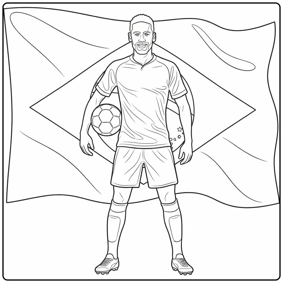 Brazil-themed coloring page of Neymar posing with a soccer ball