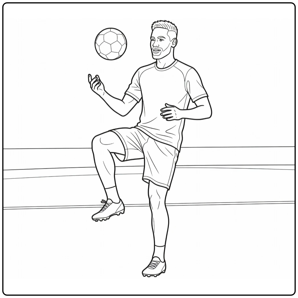 Training coloring page of Neymar juggling a soccer ball with his knee