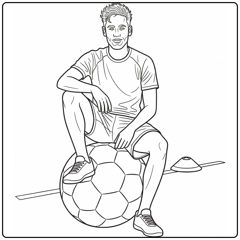 Relaxed Neymar coloring page with the player sitting on a soccer ball