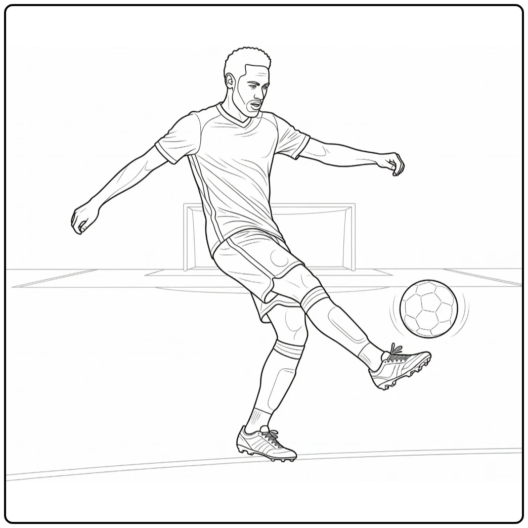 Free-kick coloring page of Neymar shooting the soccer ball