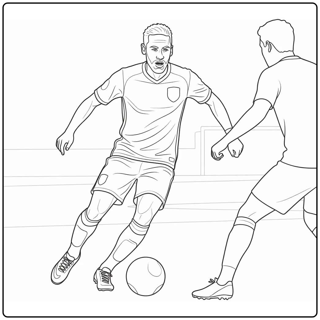 Neymar coloring page showing quick footwork against a defender