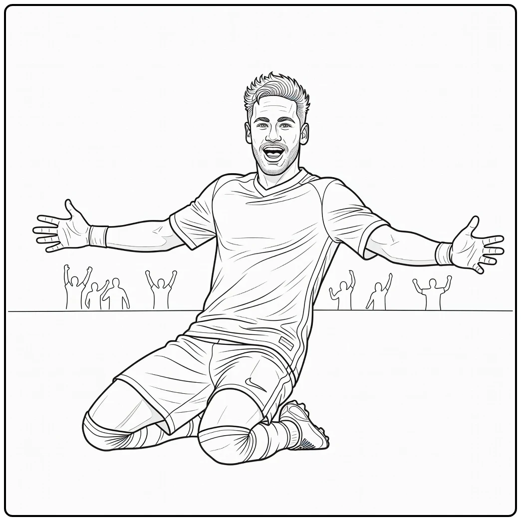 Neymar coloring page capturing an excited knee-slide celebration