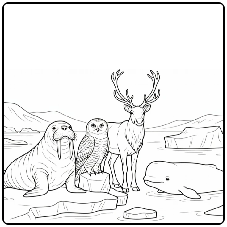Polar animal coloring page featuring a walrus and reindeer in the arctic