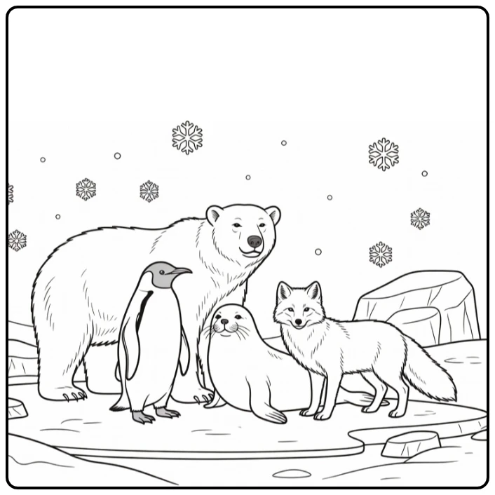 Polar animal coloring page with a polar bear, penguin, seal, and arctic fox