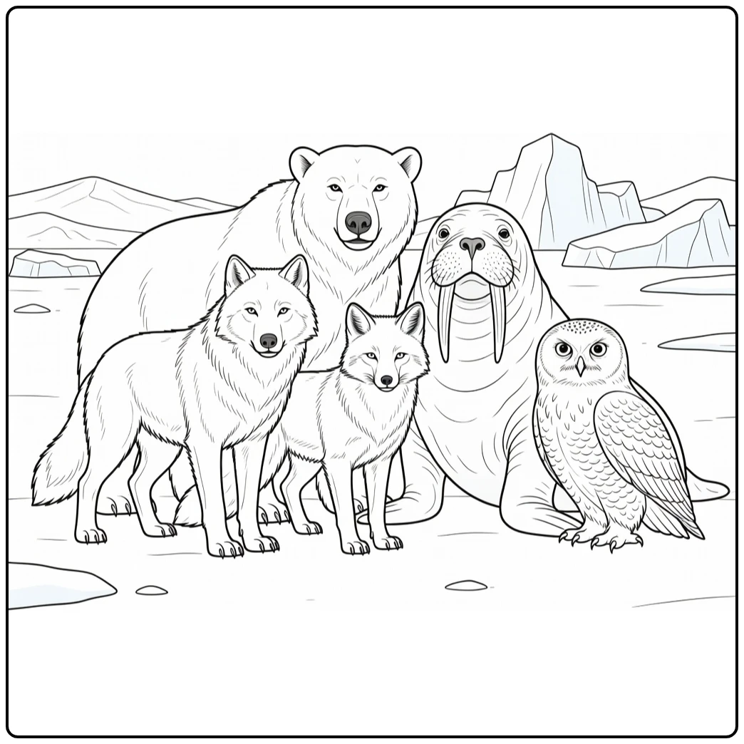 Polar animal coloring page with a polar bear, wolf, fox, walrus, and owl