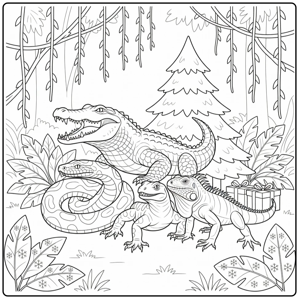 Reptile coloring page showing several animals in a forest
