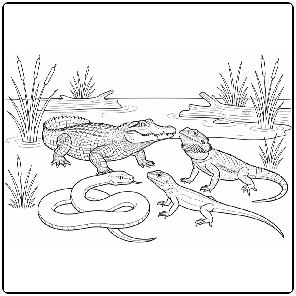 Reptile coloring page featuring a crocodile, snake, and lizard by the marsh