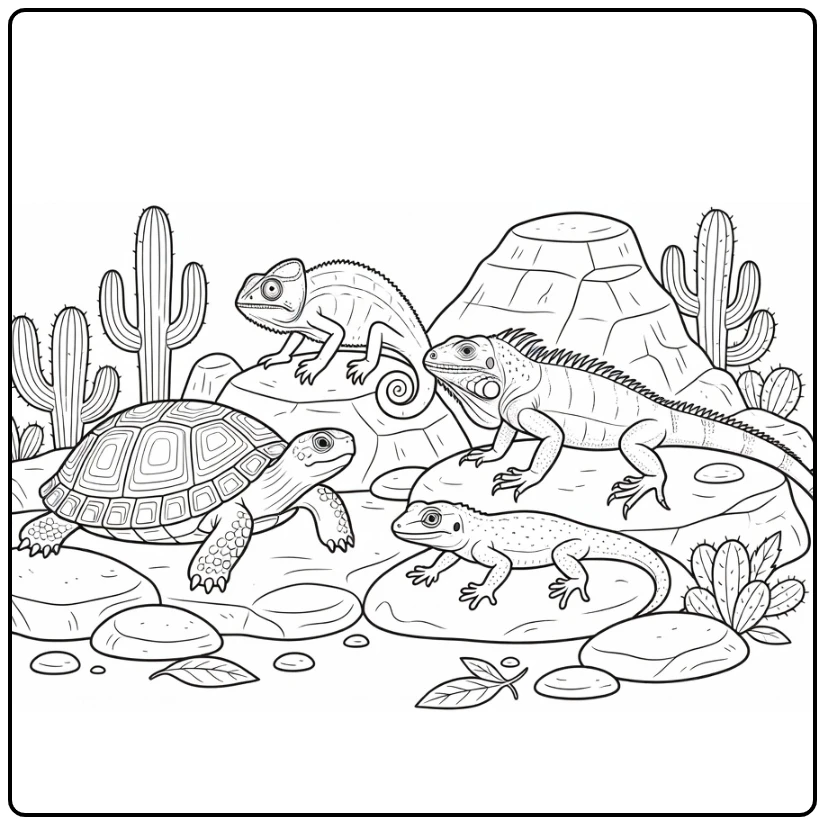 Reptile coloring page with a turtle, chameleon, iguana, and gecko