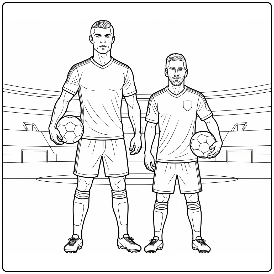 Ronaldo and Messi coloring page showing both soccer stars