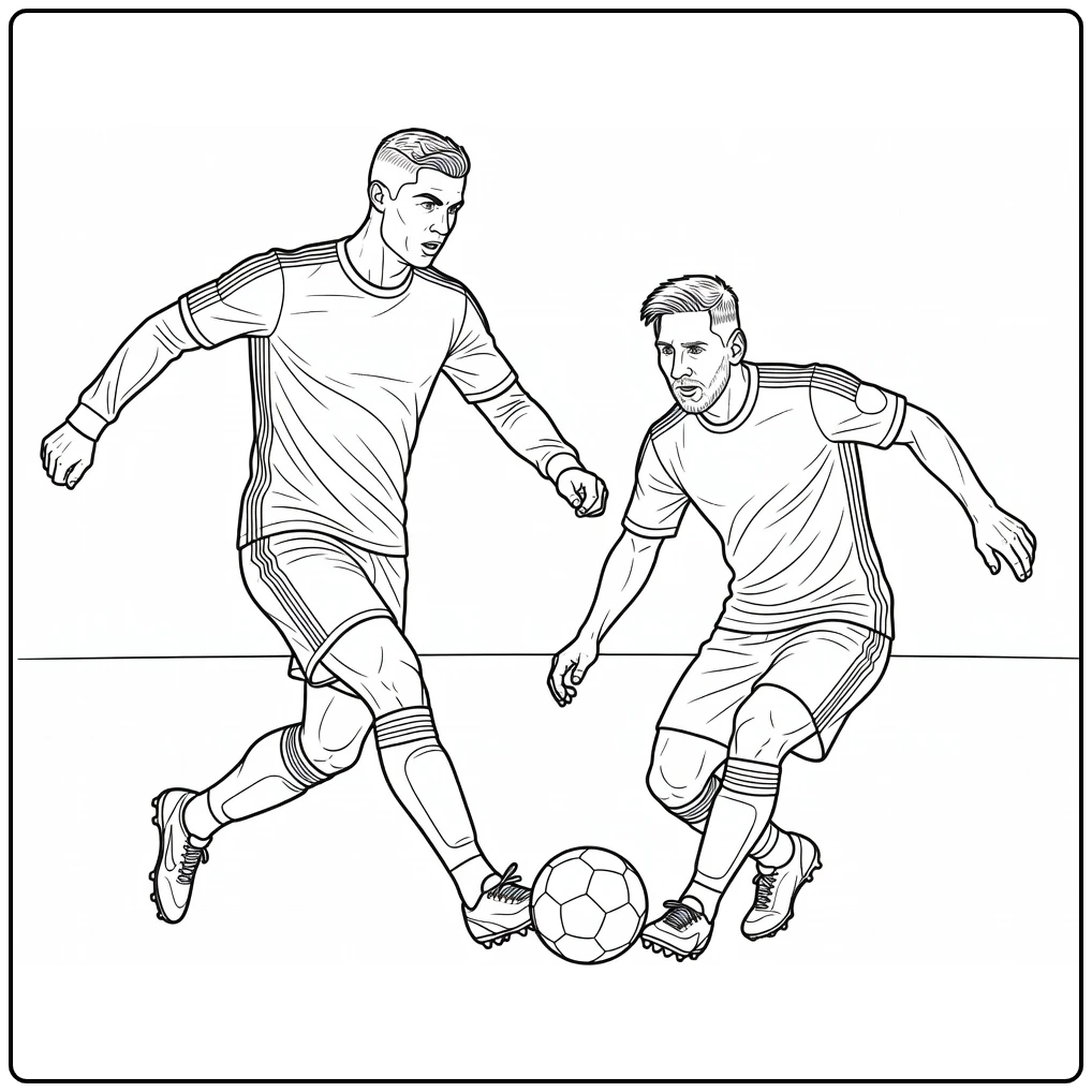 Ronaldo and Messi coloring page featuring a duel for the ball