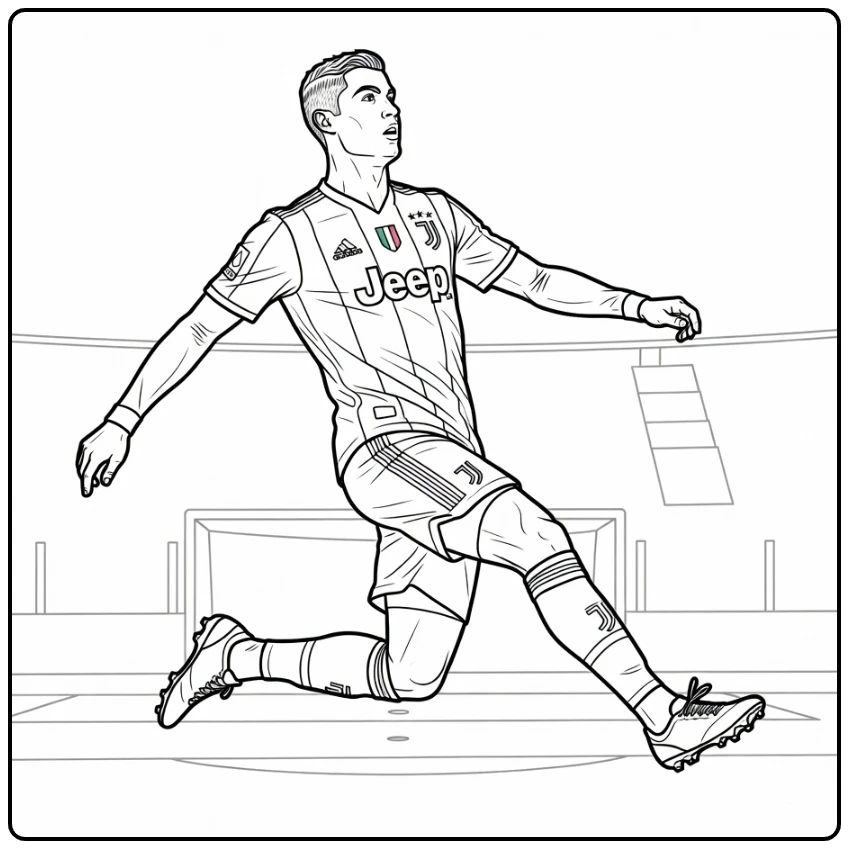 Cristiano Ronaldo Juventus coloring page featuring a header