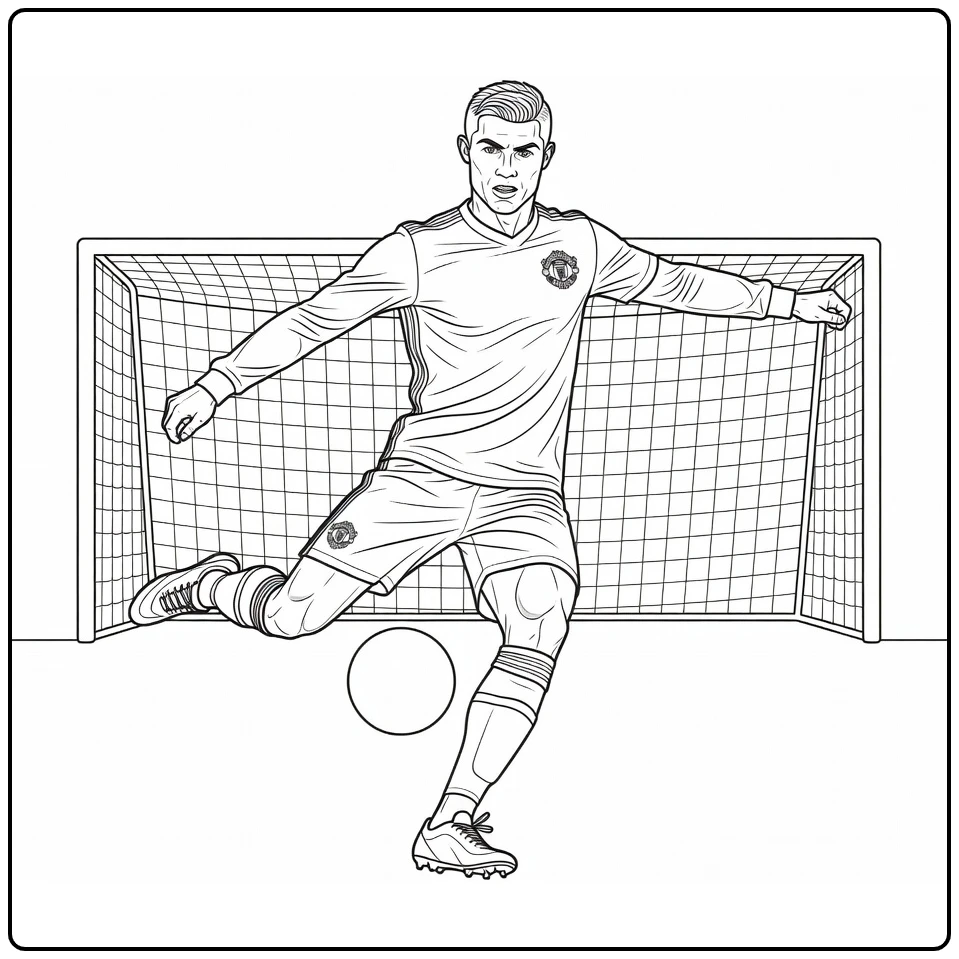 Cristiano Ronaldo Manchester United coloring page showing a shot