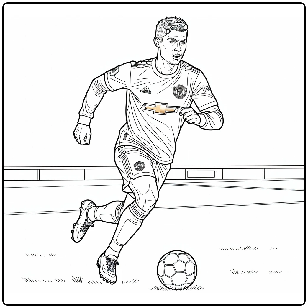 Cristiano Ronaldo Manchester United coloring page featuring a dribble