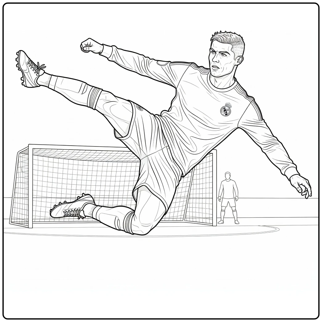 Cristiano Ronaldo coloring page showing a bicycle kick near goal