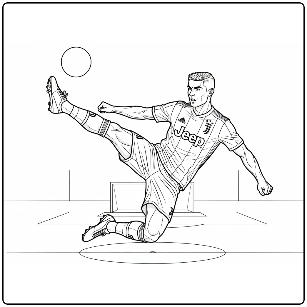 Cristiano Ronaldo Juventus coloring page featuring a bicycle kick