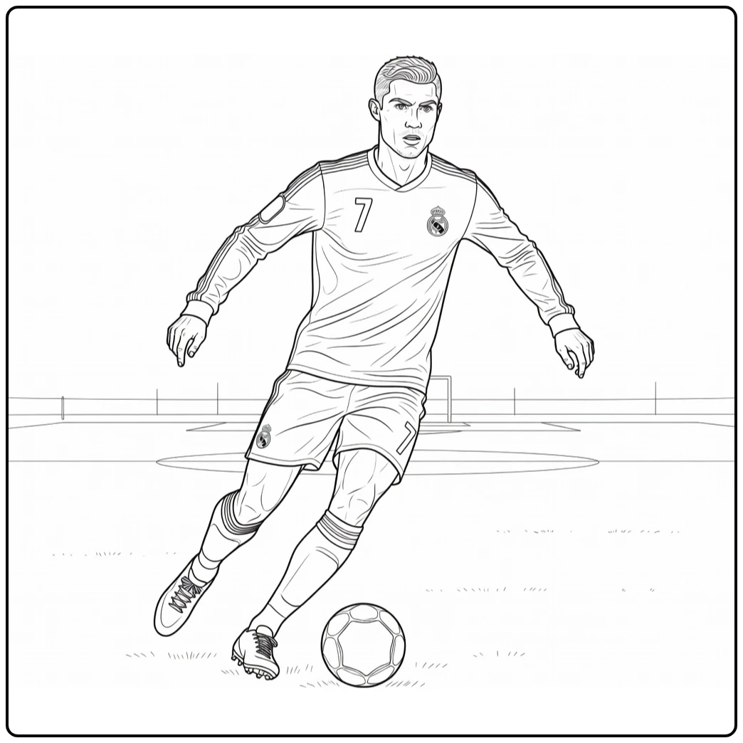 Cristiano Ronaldo Real Madrid coloring page featuring a dribble
