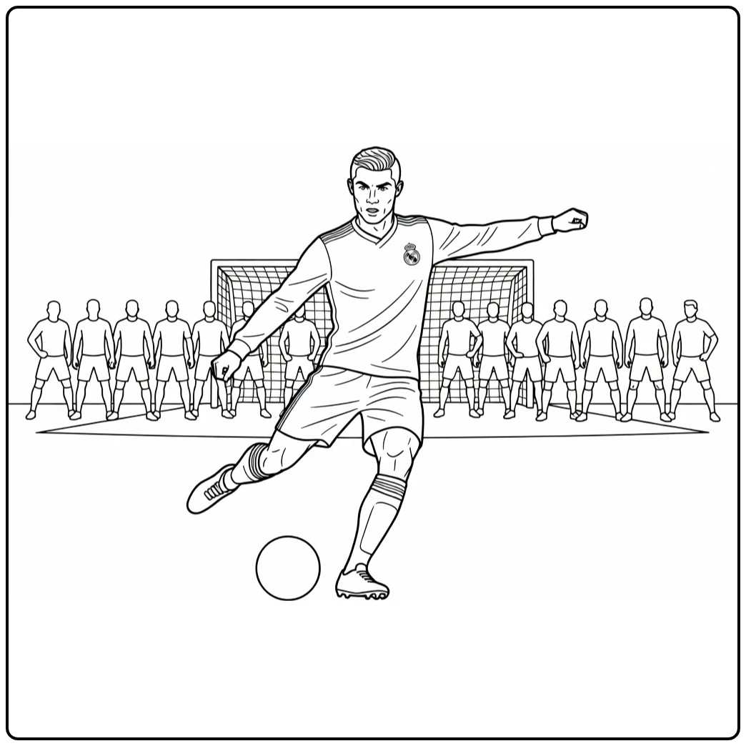 Cristiano Ronaldo Real Madrid coloring page showing a free kick