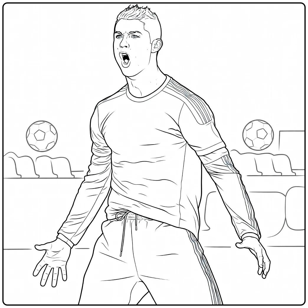 Cristiano Ronaldo SIUUU coloring page showing the celebration pose