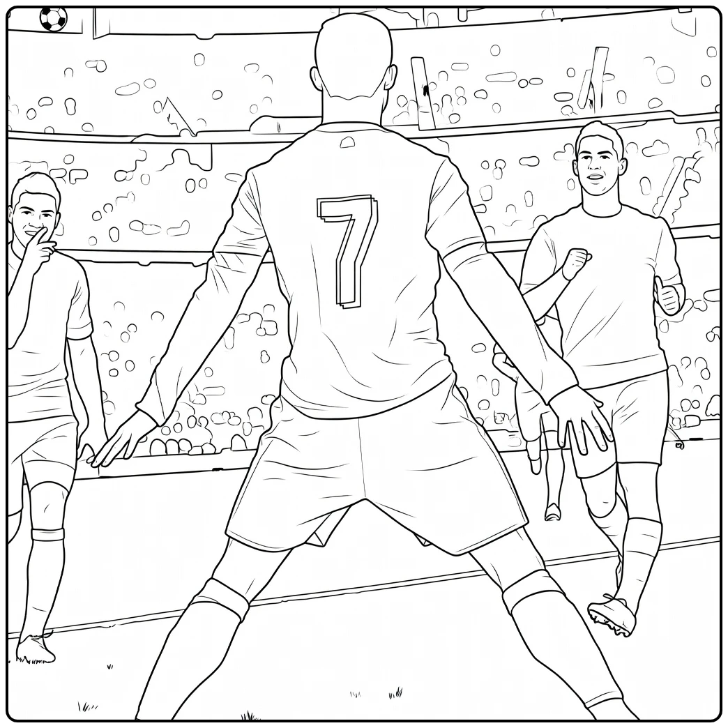 Cristiano Ronaldo SIUUU coloring page featuring a stadium celebration