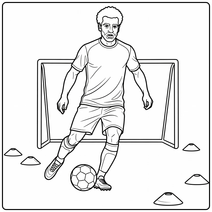 Mohamed Salah coloring page showing a soccer training exercise