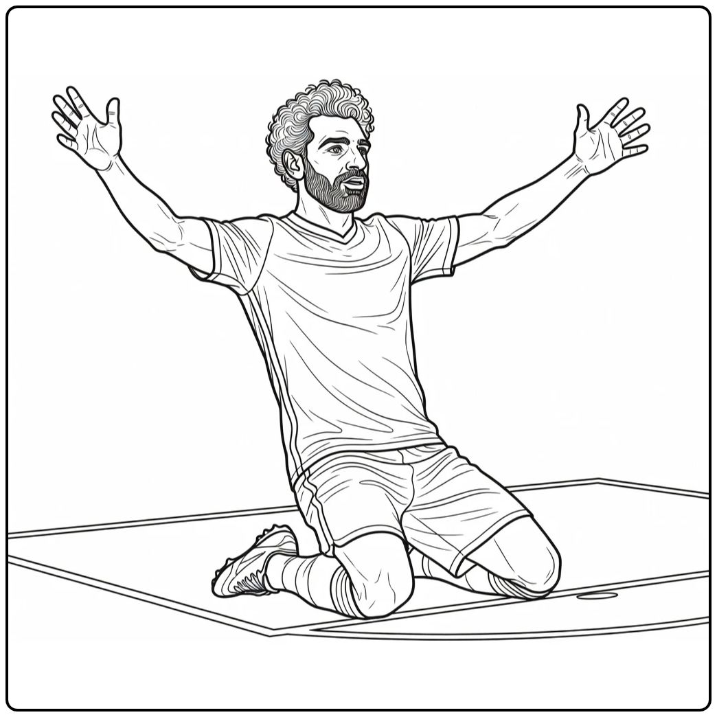 Mohamed Salah coloring page featuring a kneeling celebration pose