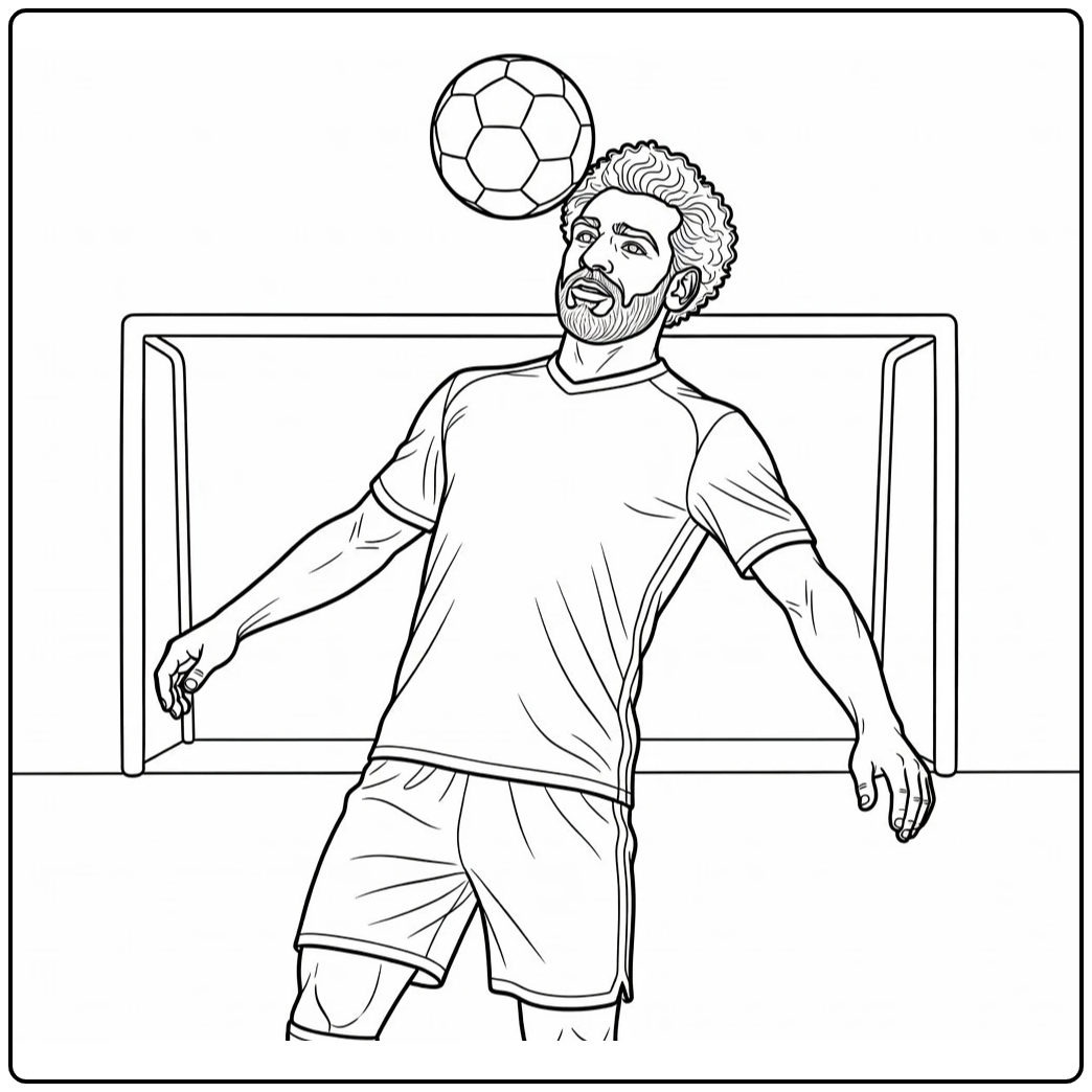 Mohamed Salah coloring page featuring a header during an attack