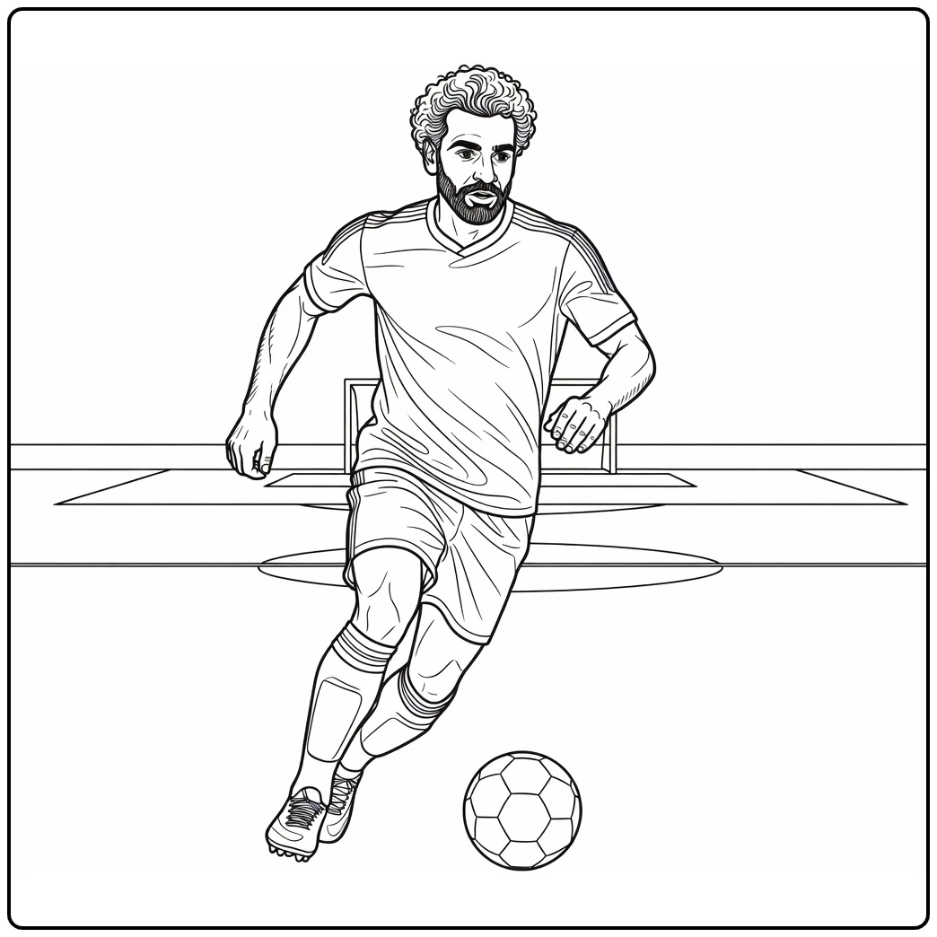 Salah coloring page showing Mohamed carrying the ball in attack