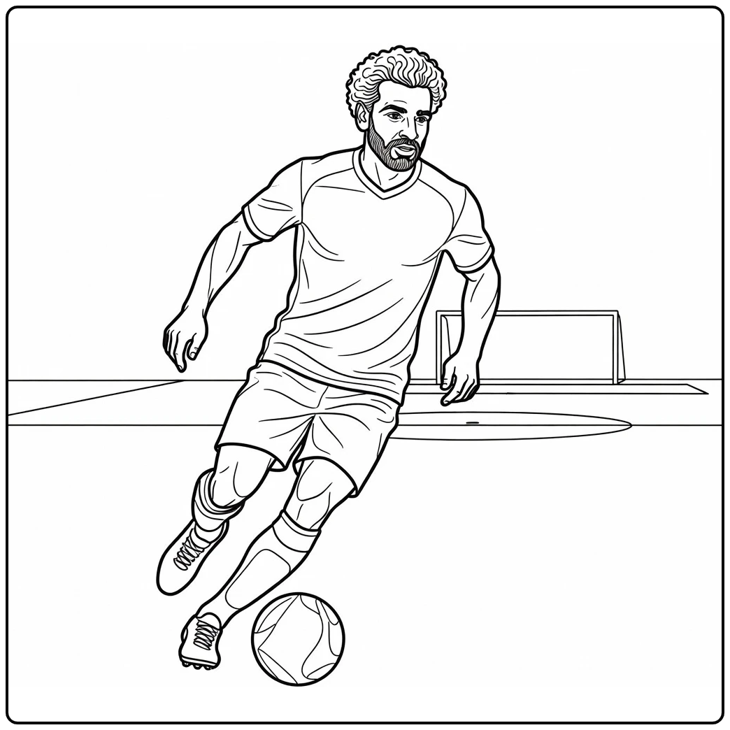 Mohamed Salah coloring page showing him dribbling the ball