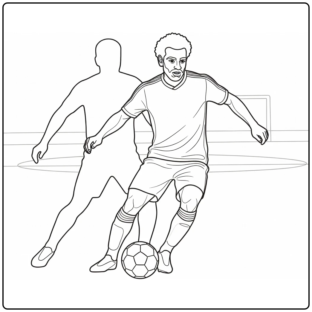 Mohamed Salah coloring page showing him turning with the ball
