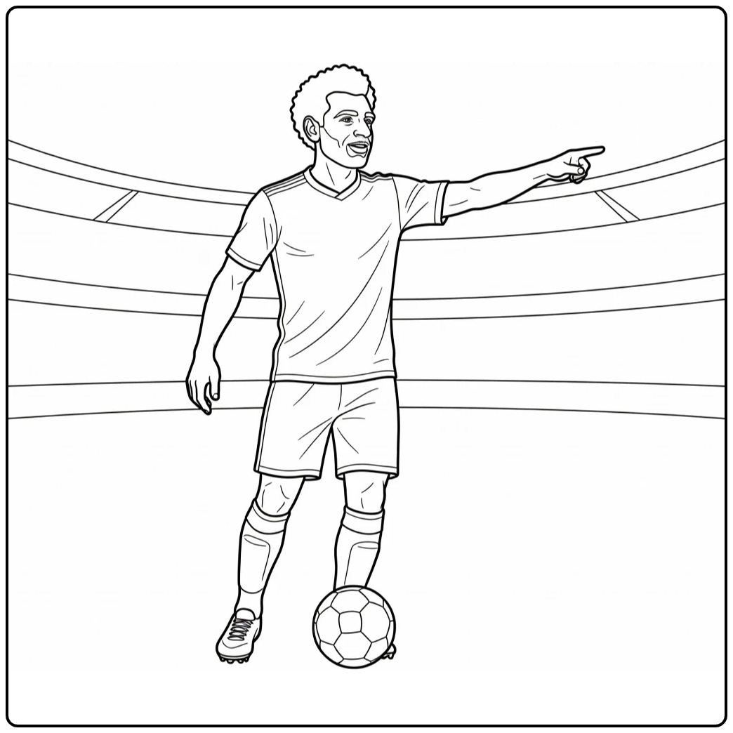 Mohamed Salah coloring page showing him pointing after a goal