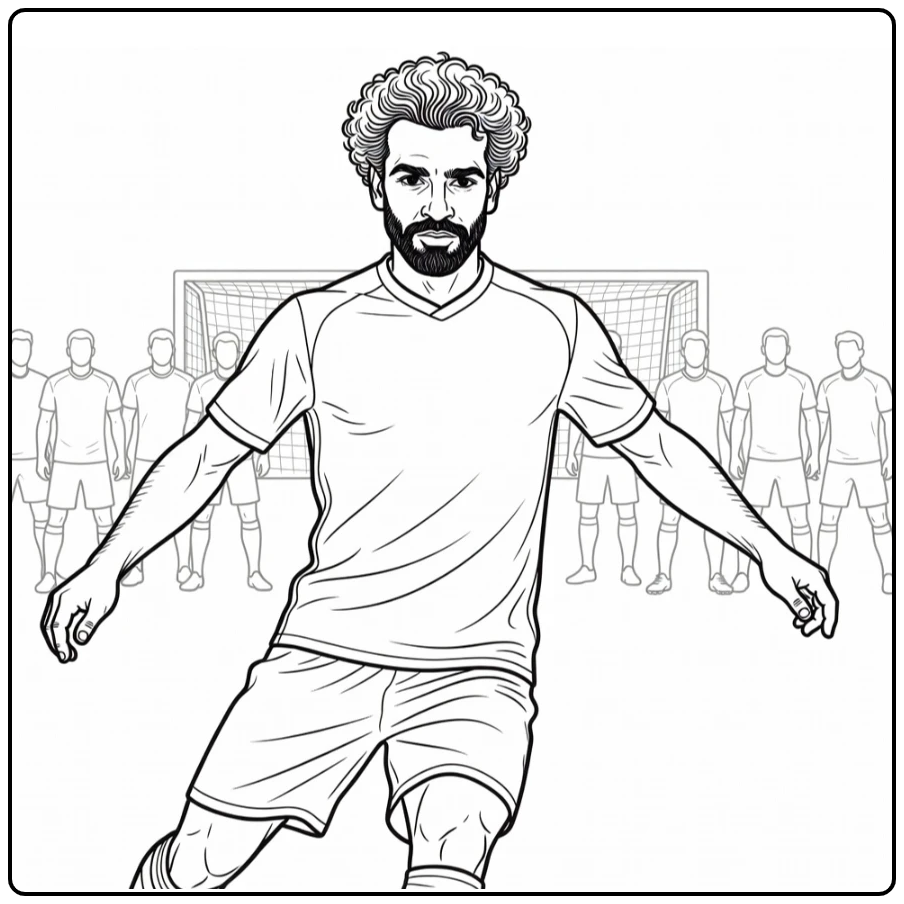 Mohamed Salah coloring page featuring a free-kick setup