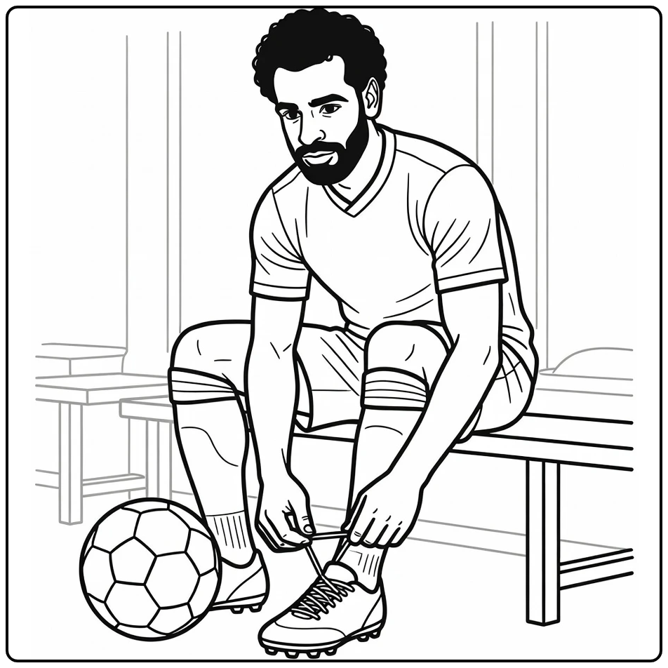 Mohamed Salah coloring page showing him preparing on a bench