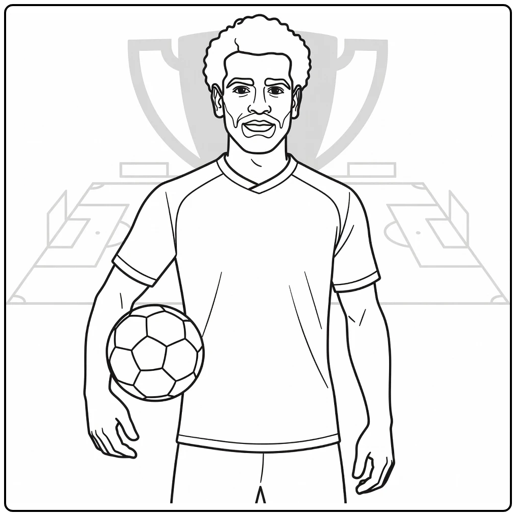 Mohamed Salah coloring page featuring a ball and trophy