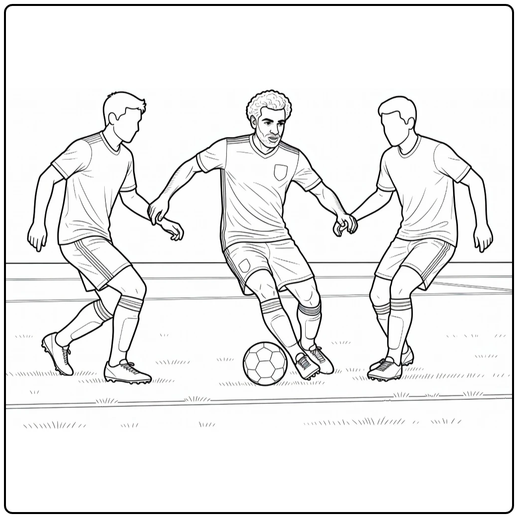 Mohamed Salah coloring page featuring him weaving through defenders