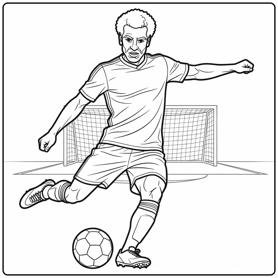 Mohamed Salah coloring page featuring a powerful shot on goal