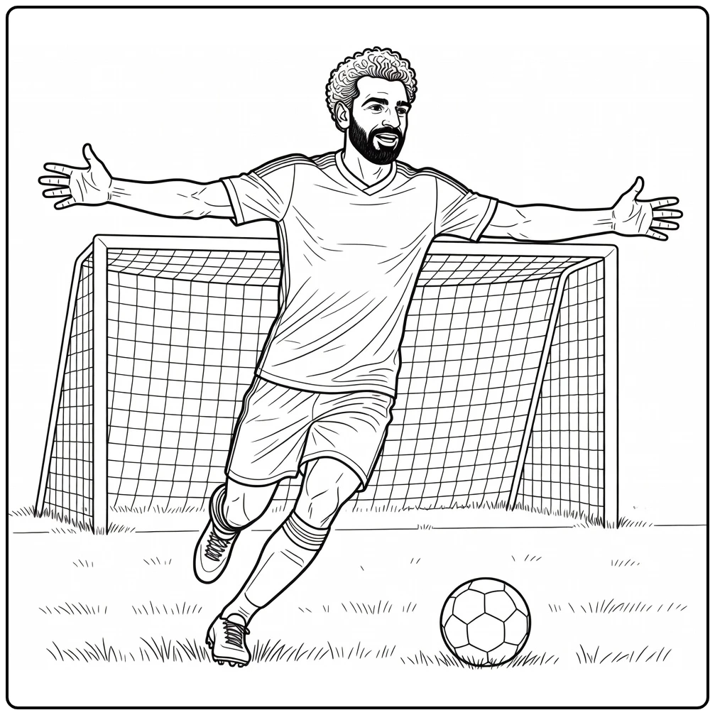 Salah coloring page featuring Mohamed celebrating after scoring