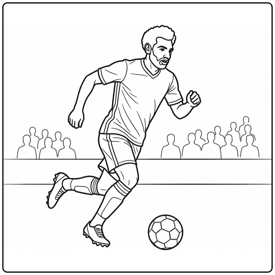 Mohamed Salah coloring page showing a fast run with the ball
