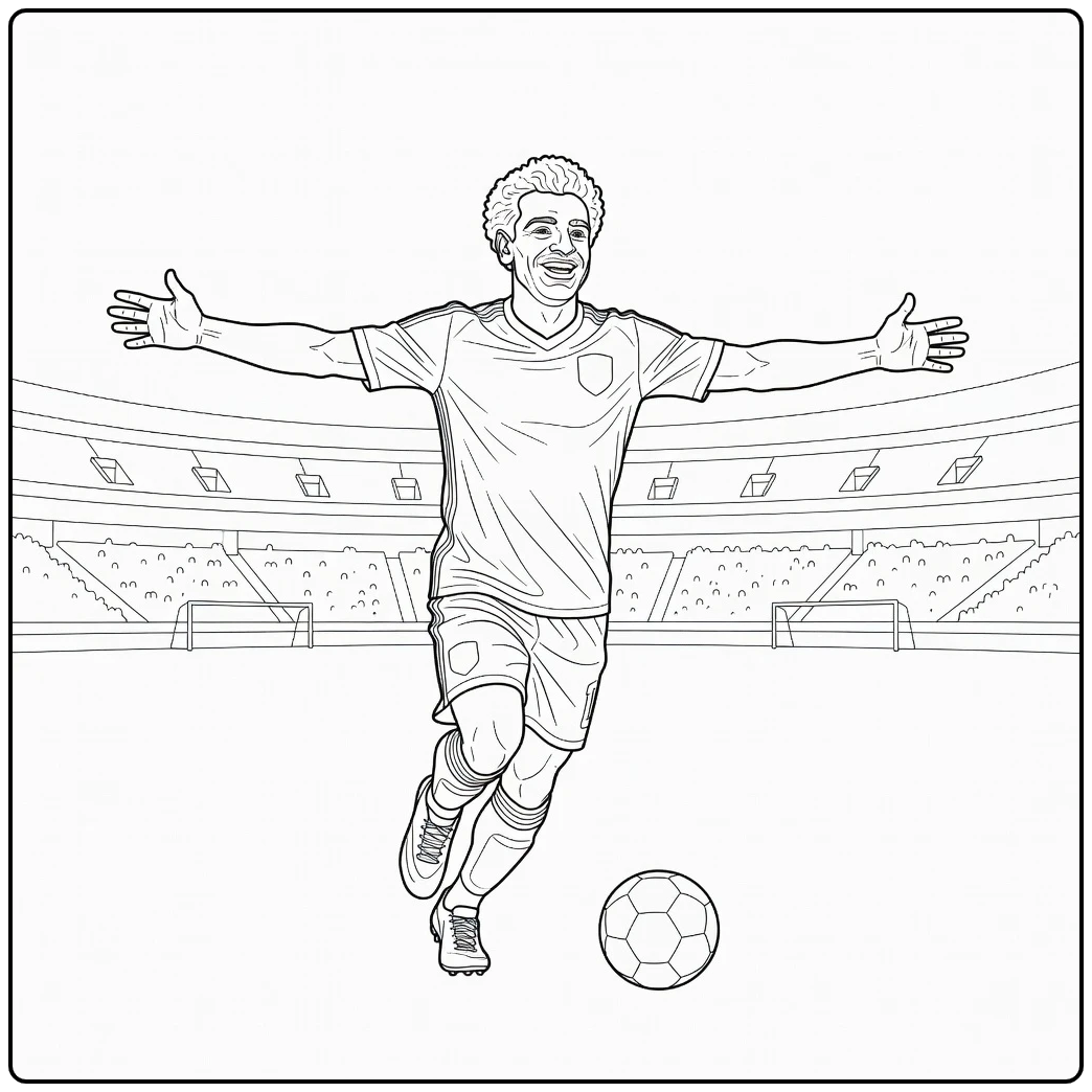 Mohamed Salah coloring page showing an open-arm goal celebration