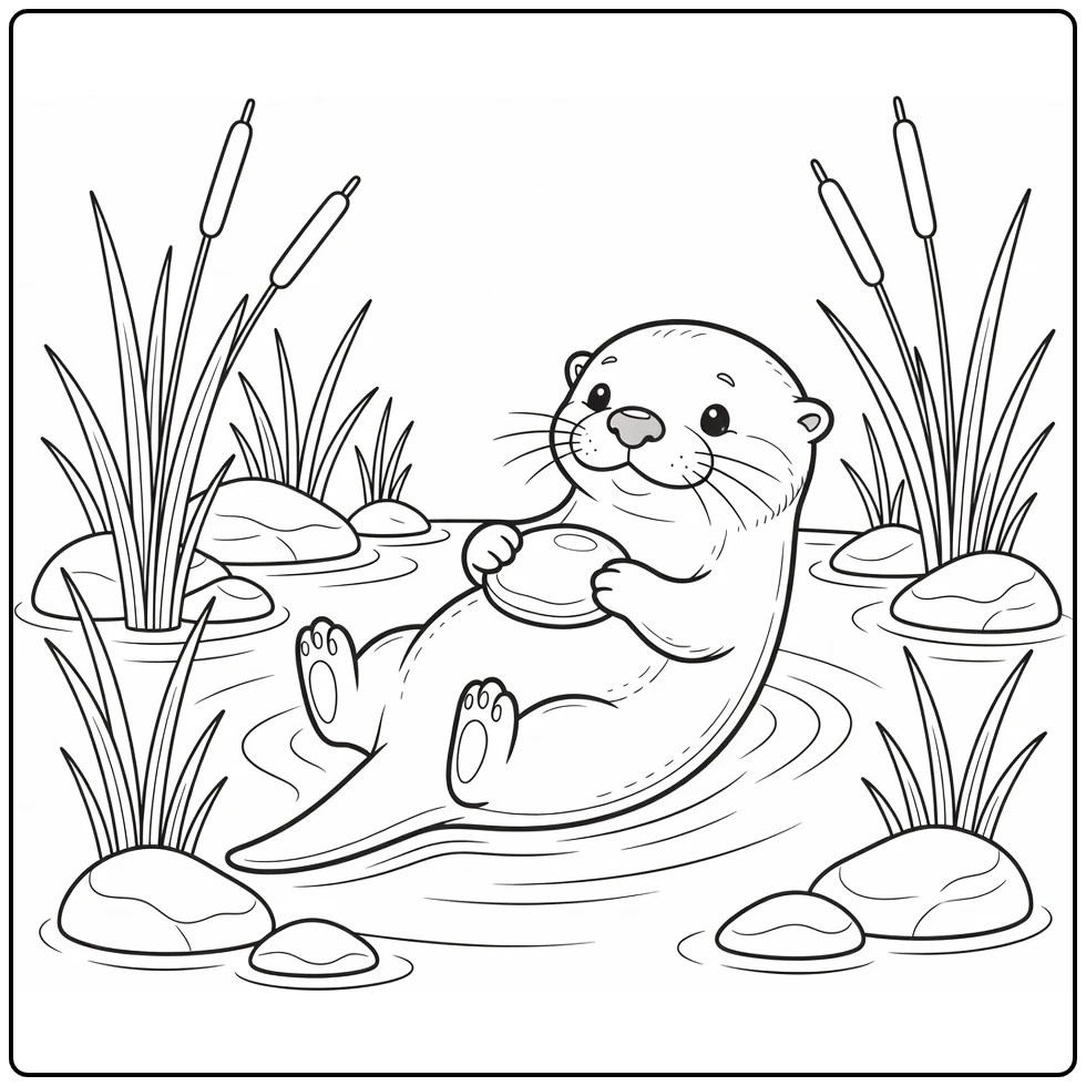 Cute animal coloring page featuring a baby otter floating in the river