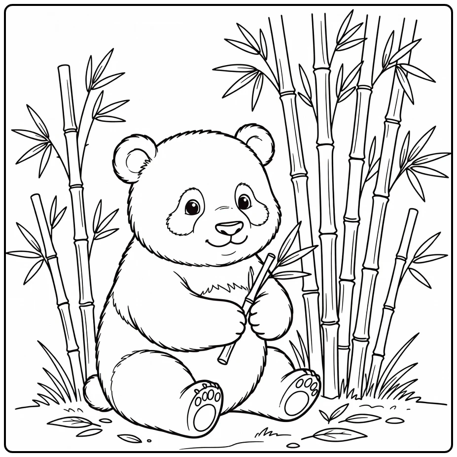 Cute animal coloring page featuring a baby panda with bamboo