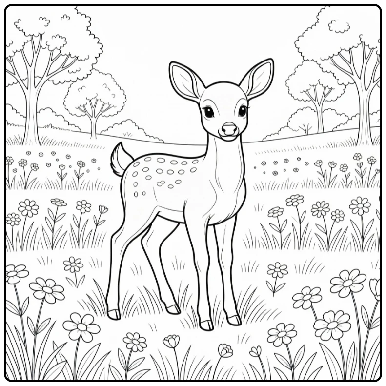 Cute animal coloring page showing a baby deer in a meadow