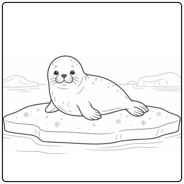 Cute animal coloring page featuring a baby seal on an ice floe