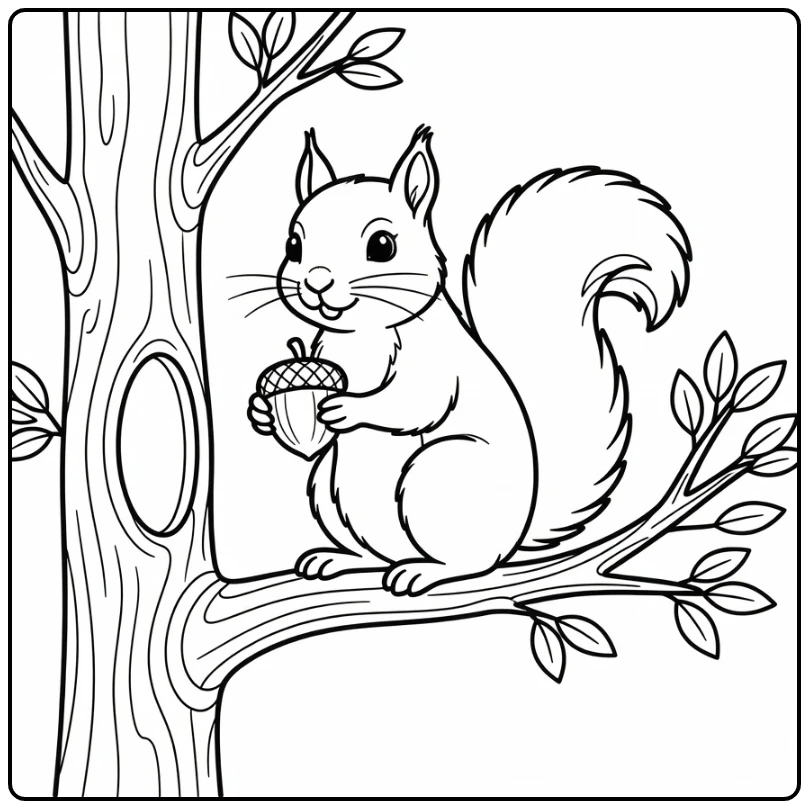 Cute animal coloring page featuring a squirrel with an acorn